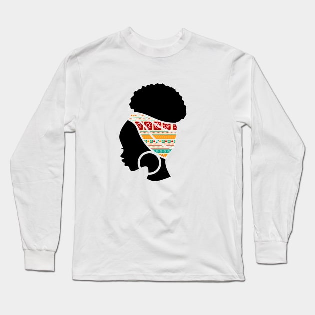 Afro Hair Woman with African Pattern Headwrap Long Sleeve T-Shirt by dukito